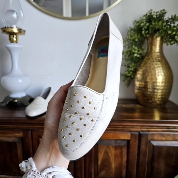 Air Flex Genuine Leather Studded Flat Loafers Cream Gold Embellished Shoes Sz 11 - Picture 13 of 16